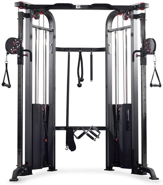 Titan Fitness Functional Trainer Cable Crossover Machine, 200 LB Double Weight Stack, 2:1 Cable Pull Station, Home Gym Workout Weight Training Machine with Attachments