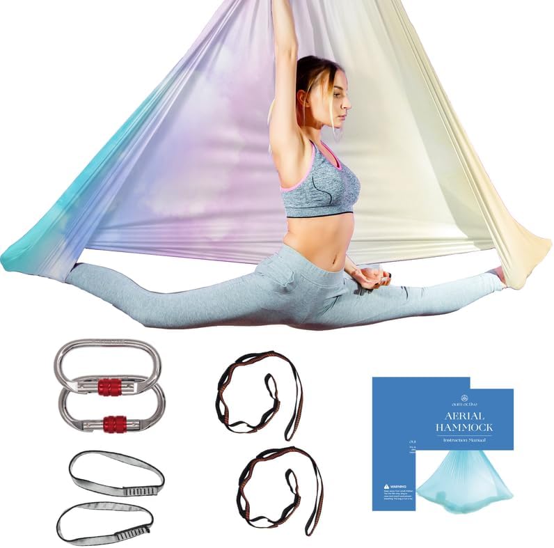 Aerial Silk Yoga Hammock & Swing for Home, Inversion Exercises, Starter Kit for All Levels - Durable with Extension Straps, Carabiners, and Pose Guide