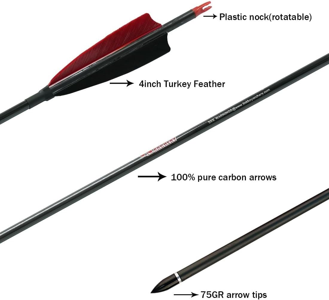 Linkboy Archery Pure Carbon Arrows Spine 300 340 400 500 600 700 800 900 1000 for Compound Recurve Bow Hunting Shooting Target 12pcs