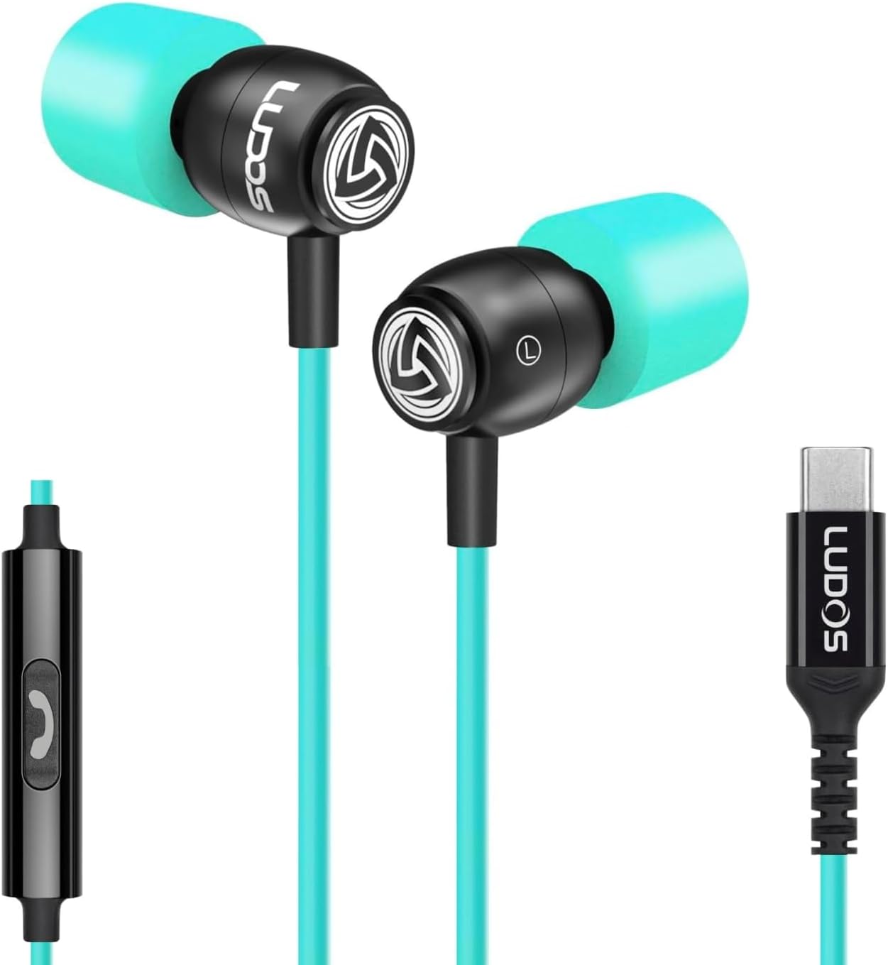 LUDOS Clamor USB C Headphones for iPhone 16 15 Pro Max Plus iPad Pro, 5 Years Warranty, USB-C Earbuds for Samsung Galaxy S24 S23 Ultra S22 S21 FE S20 A55 A54 A53, USB Type C Earphones - Turquoise