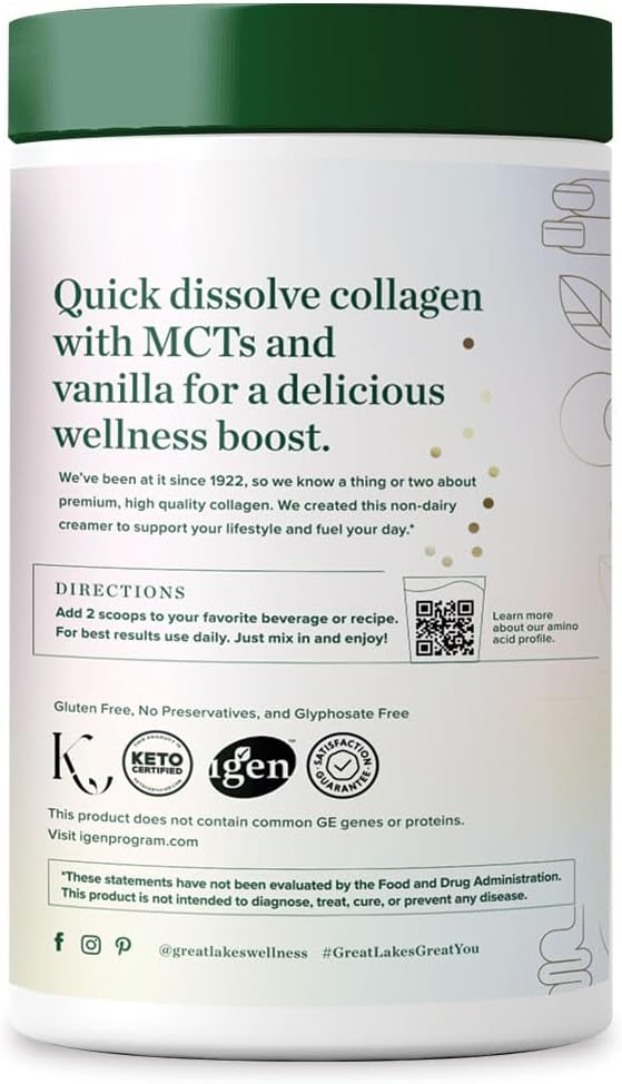 Great Lakes Wellness Keto Boost Advanced Collagen Peptides Powder with 4.2g MCTs - Vanilla Flavored - Nutritiously-Rich Non-Dairy Coffee Creamer or Smoothie Alt - Non-GMO, Kosher - 14.1 oz