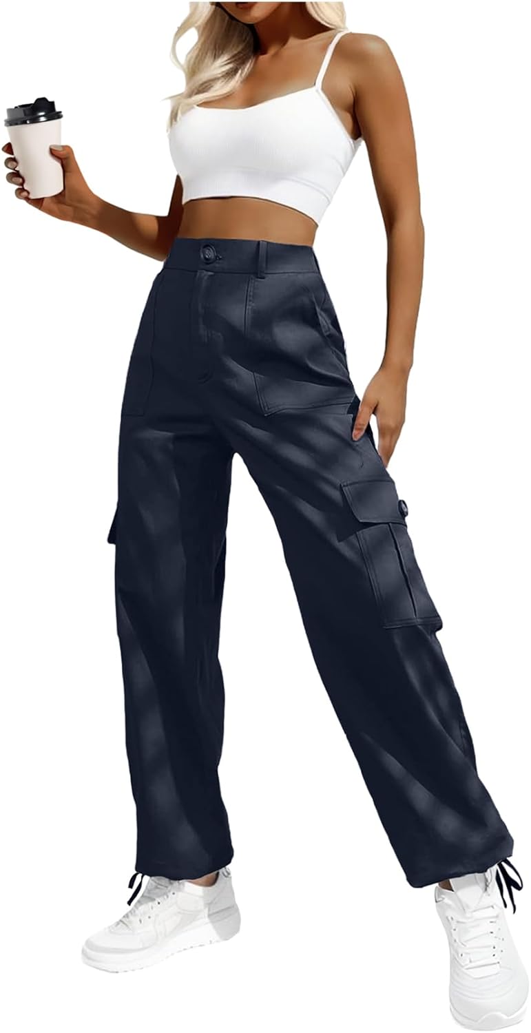 Lepunuo Women's High Waisted Cargo Pants Travel Y2K Streetwear Baggy Stretchy Pants with 6 Pockets Drawstring Ankle Cuffs