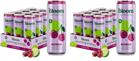 Bloom Nutrition Sparkling Energy Drink for Focus, Natural Caffeine, Zero Sugar, 180mg Caffeine, Antioxidant-Rich with Green Coffee Bean, Green Tea Extract, & Prebiotics, Cherry Lime 12oz 24 Pack