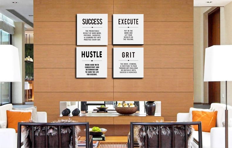 Motivational Grit Success Execute Hustle White Quotes Canvas Wall Art -Inspirational Wall Art Poster Canvas Artwork Picture Print Framed for Home Bedroom-12 x12 x4pcs