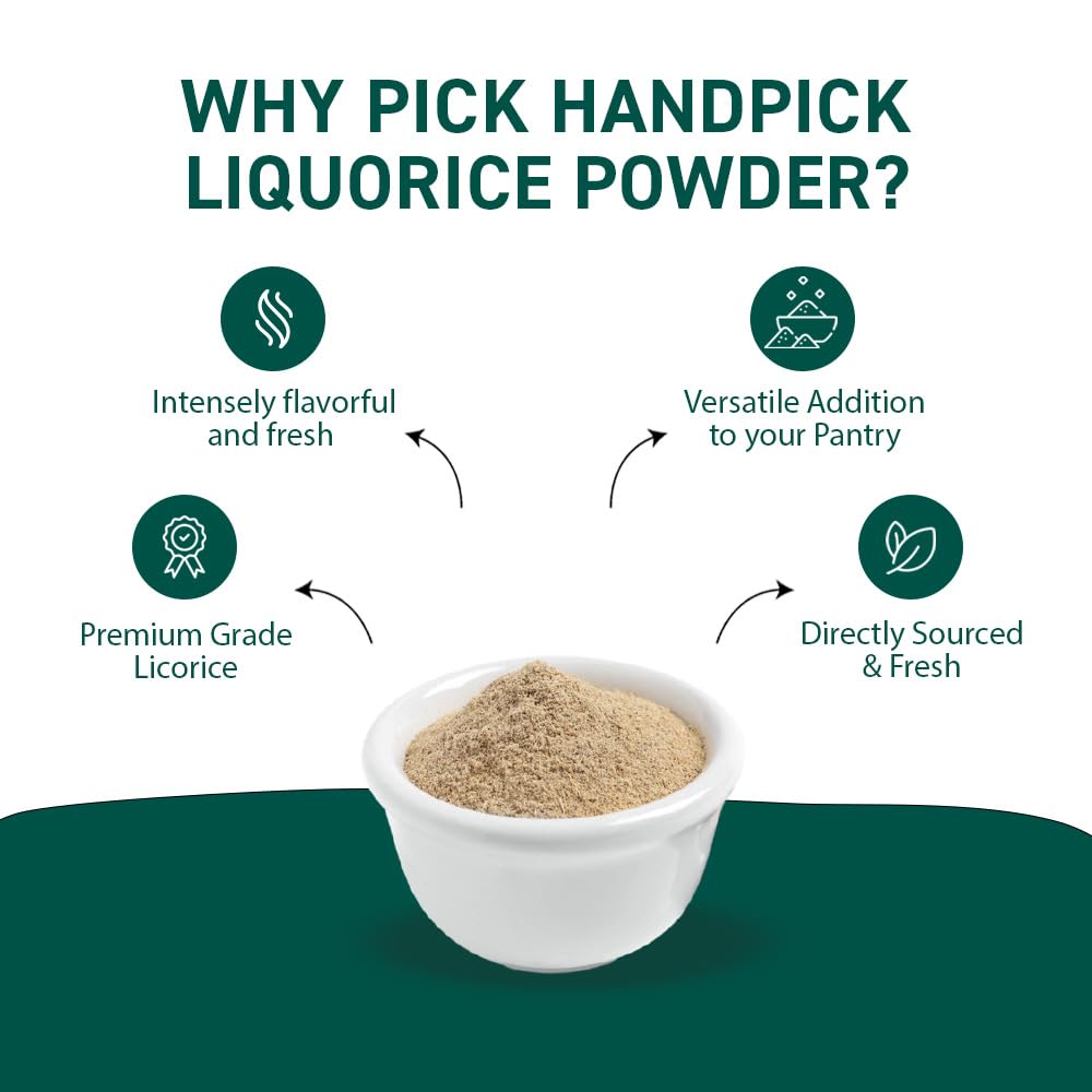 HANDPICK Licorice Root Powder (226g/8oz) Non GMO, Gluten Free, 100% Raw Ground Mulethi, Sourced from India, Glycyrrhiza Glabra, Packed in Resealable Ziplock Pouch