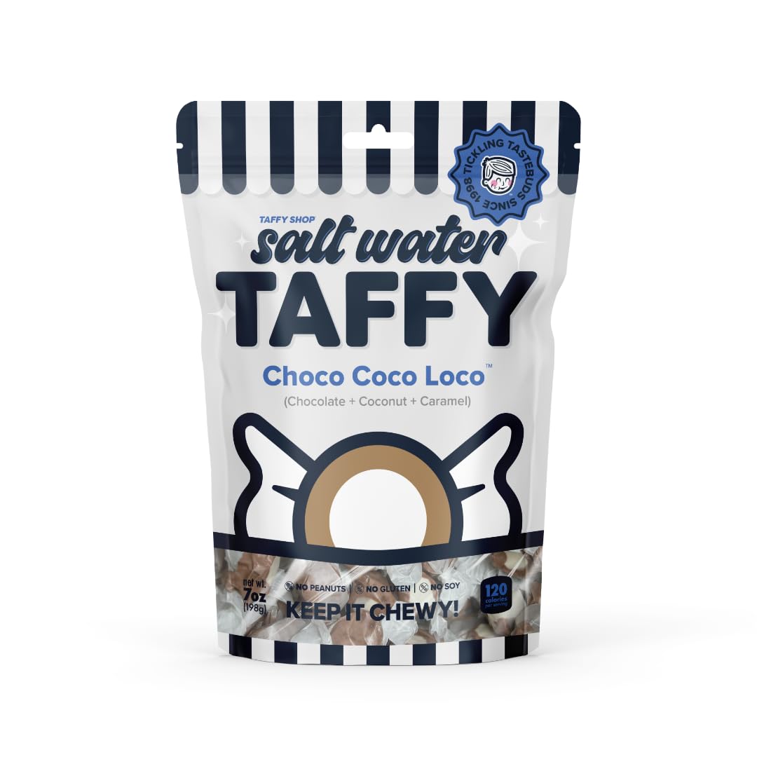 Taffy Shop Choco Coco Loco, Chocolate, Coconut, Caramel Salt Water Taffy Gourmet Soft Chewy Candy, Bulk Sweet Snack, Fresh Gift & Gluten-Free, 140 Individually Wrapped Pieces (32oz)