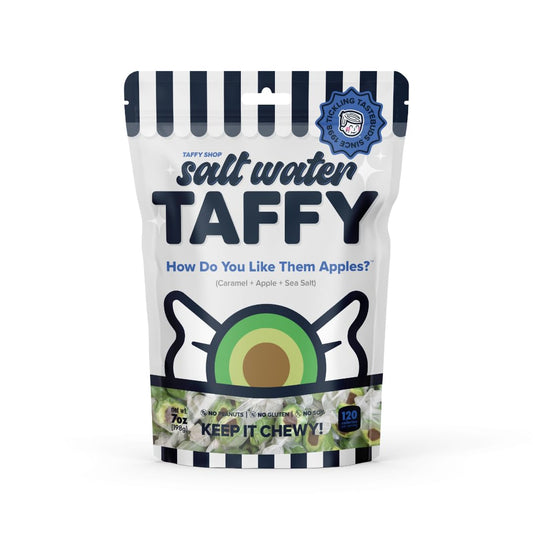 Taffy Shop How Do You Like Them Apples? Sea Salt Caramel Apple Salt Water Taffy – Gourmet Soft Chew Candy, Bulk Sweet Snack, Fresh Gift & Gluten-Free, 35 Individually Wrapped Pieces (7oz)