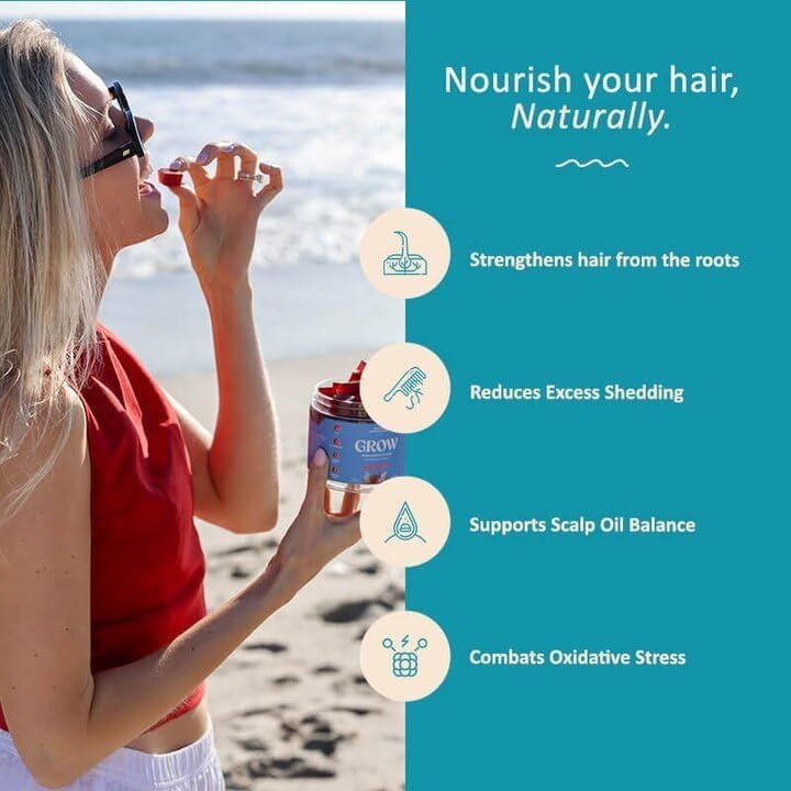 Grow Hair & Beauty Gummies, Supplement with Zinc, Vitamin E, Astaxanthin, Kelp, & Pumpkin Seed, Plant Based Gummies for Women & Men, Gluten Free, Vegan, American Made, 60 Count