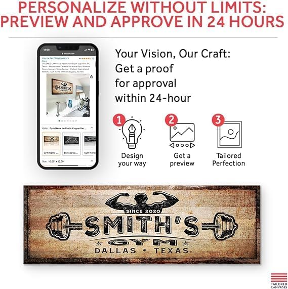 TAILORED CANVASES Personalized Gym Sign Wall Art Decor - Motivational Canvas s for Home Gym, Workout Room, Garage, Fitness Center - Workout Inspirational Posters - Gym Name on Rustic Copper, 48x16in