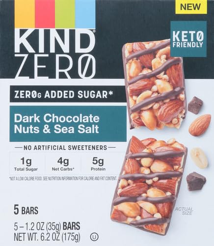 KIND ZERO Added Sugar Bars, Dark Chocolate Nuts and Sea Salt, Keto Friendly Snacks, Gluten Free, 5g Protein, 5 Count (Pack of 2)