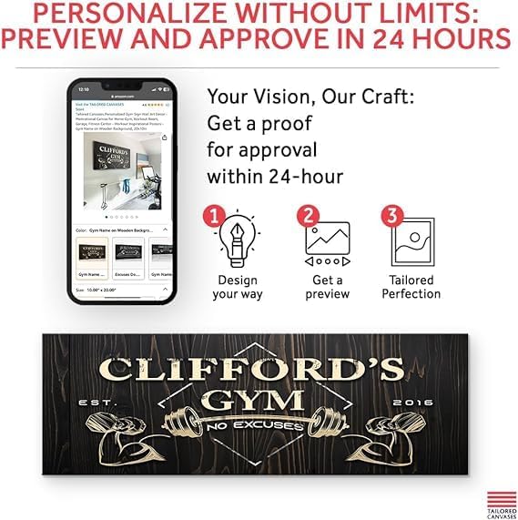 Tailored Canvases Personalized Gym Sign Wall Art Decor - Motivational Canvas for Home Gym, Workout Room, Garage, Fitness Center - Workout Inspirational Posters - Gym Name on Wooden Background, 48x16in