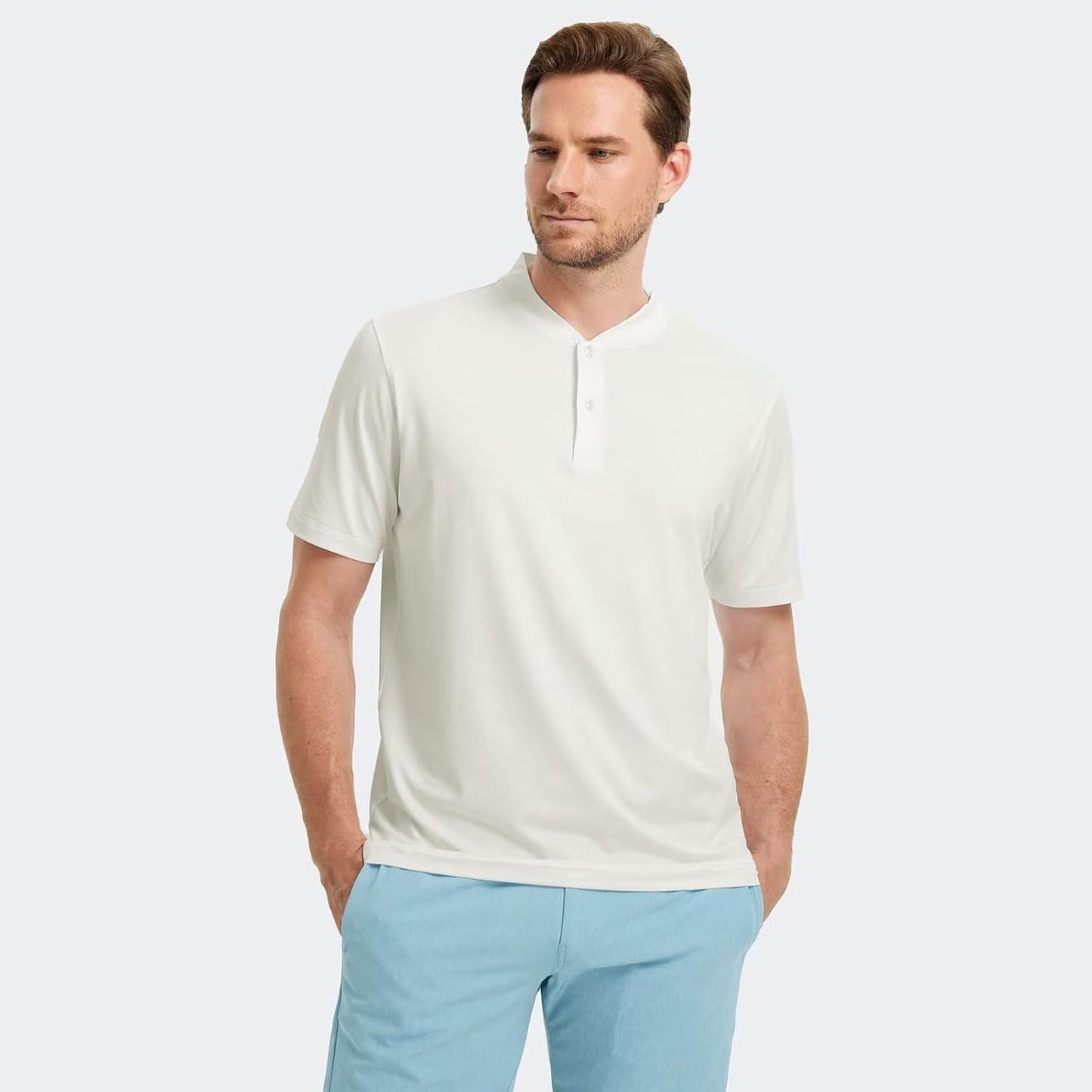M MAELREG Collarless Golf Shirts for Men Dry Fit Moisture Wicking Performance Solid Casual Mens Henley Shirts Short Sleeve