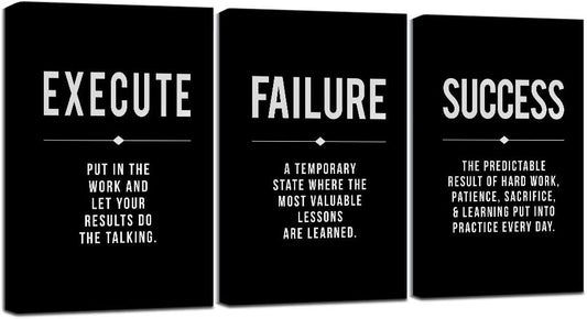 Framed Canvas Wall Art Success Quote, Office Wall Art, Black Large Poster, Positive Motivational Set of 3 Prints, Execute Failure Definition, Inspirational Print (A-3pcs,20x30inchx3pcs)