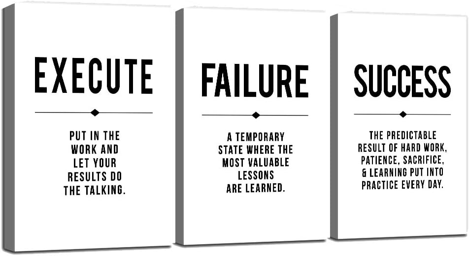 Framed Canvas Wall Art Success Quote, Office Wall Art, Black Large Poster, Positive Motivational Set of 3 Prints, Execute Failure Success Poster, Inspirational Print (D-3pcs,16x24inchx3pcs)