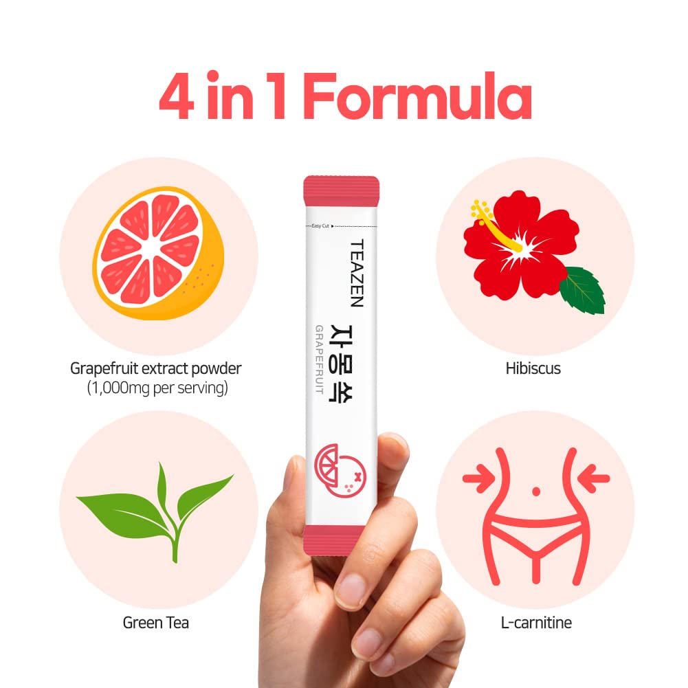 TEAZEN Grapefruit Tea, Sugar Free, Hibiscus and Green Tea, Powdered Mix Beverage from Korea, 10 Sticks, 1.76oz