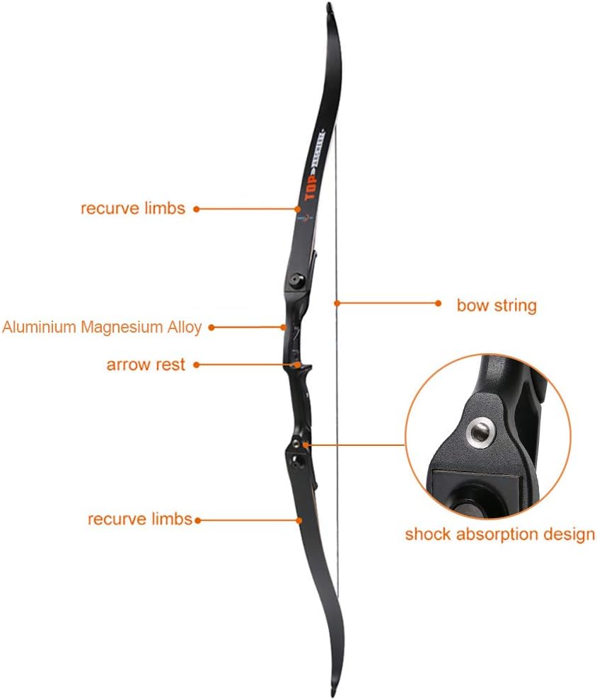 TOPARCHERY Archery 56" Takedown Hunting Recurve Bow Metal Riser Right Hand Black Longbow