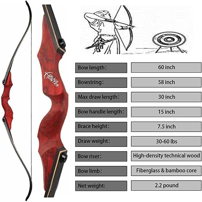 Archery 60" Recurve Bow and Arrows Set for Adults Right Hand Longbow kit Wooden Competition Hunting Shooting Training Outdoor Practice 30-60lb