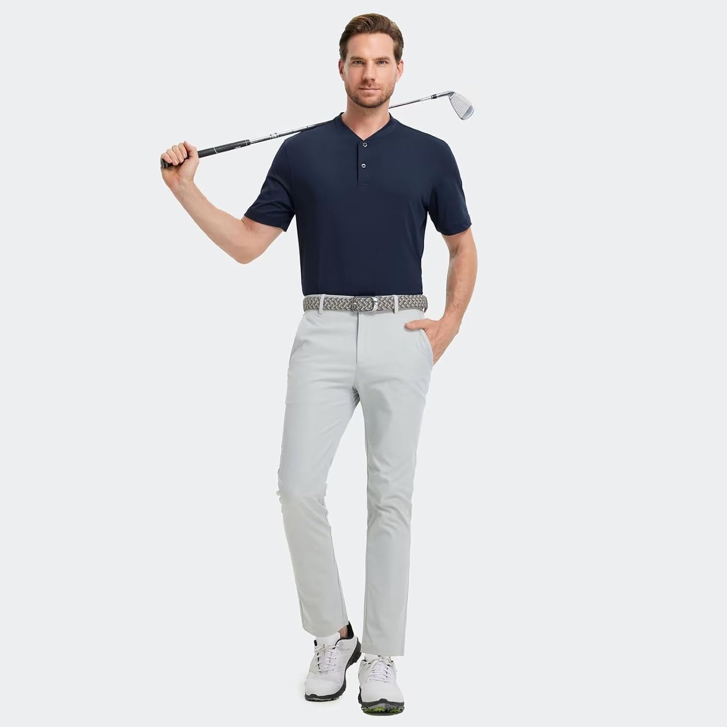 M MAELREG Collarless Golf Shirts for Men Dry Fit Moisture Wicking Performance Solid Casual Mens Henley Shirts Short Sleeve