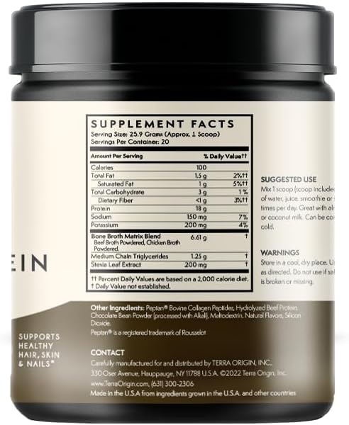 TERRA ORIGIN Collagen Peptides Powder | Bone Broth Hydrolized Collagen Type I and III Protein Supplement | for Women and Men Hair, Skin, Nail and Joint Support | Chocolate (20 Servings)
