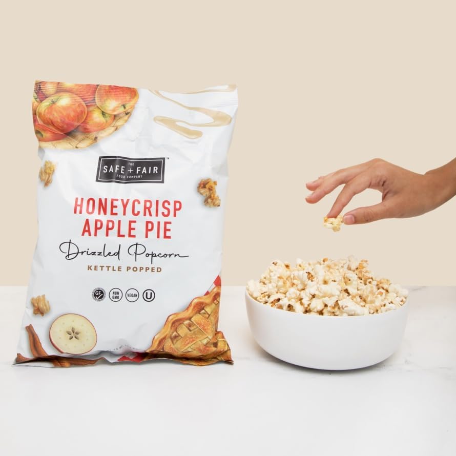 Safe + Fair Plant-Based Gourmet Apple Pie Flavored Popcorn - Honeycrisp Apple Pie Drizzled Kettle Corn Popcorn Non-GMO Gluten-Free Snacks 5.5 ounce, 6 Pack