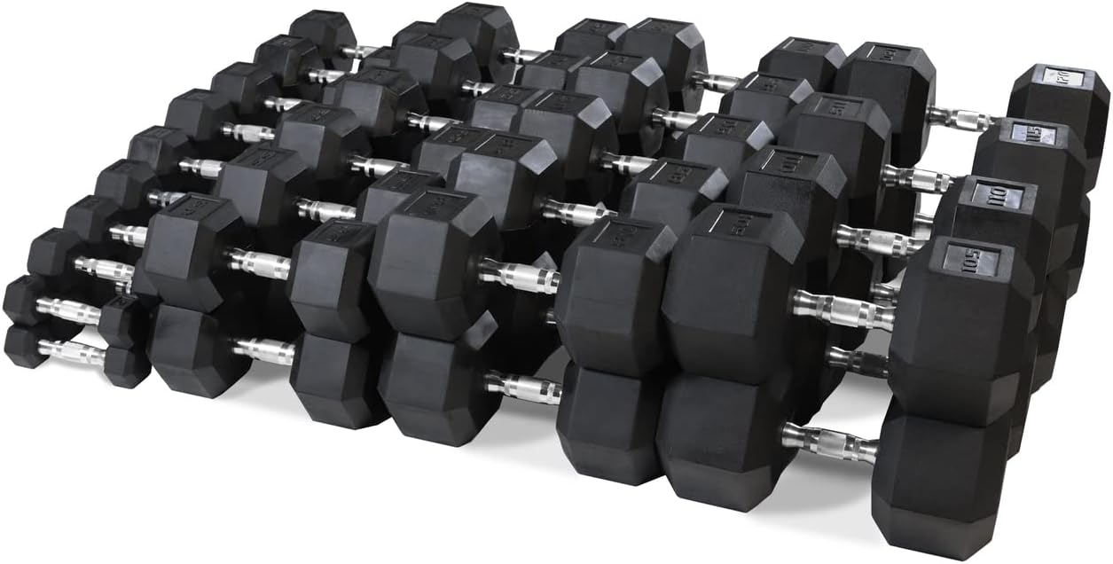 WF Athletic Supply Rubber Coated Hex Dumbbell Set, Multiple Choices Available - Dumbbells with Rack Stand and Mat, or Dumbbells Only (200/550/1200/2100/3000 LB)