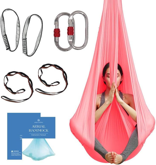 Aerial Silk Yoga Hammock & Swing for Home, Inversion Exercises, Starter Kit for All Levels - Durable with Extension Straps, Carabiners, and Pose Guide
