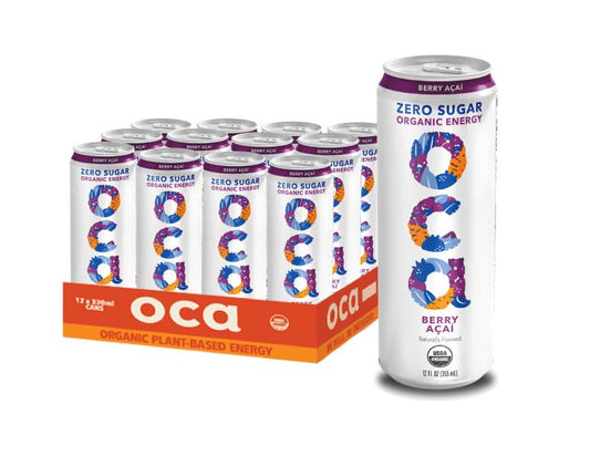 OCA ZERO Berry Acai, Organic energy drink, zero sugar, gluten-free, vegan plant-based, 12 Fl Oz (12 pack)