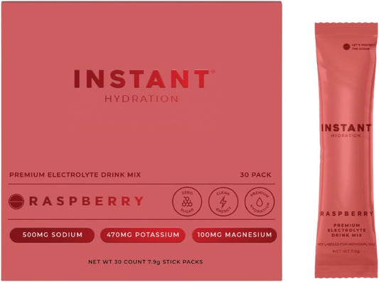 Instant Hydration Electrolytes Powder Packets - Raspberry Electrolyte Drink Mix - Zero Sugar - Keto, Vegan, Gluten-Free, Non-GMO - Boost Recovery, Brain Health, Muscle & Tissue Support- 30 Sticks