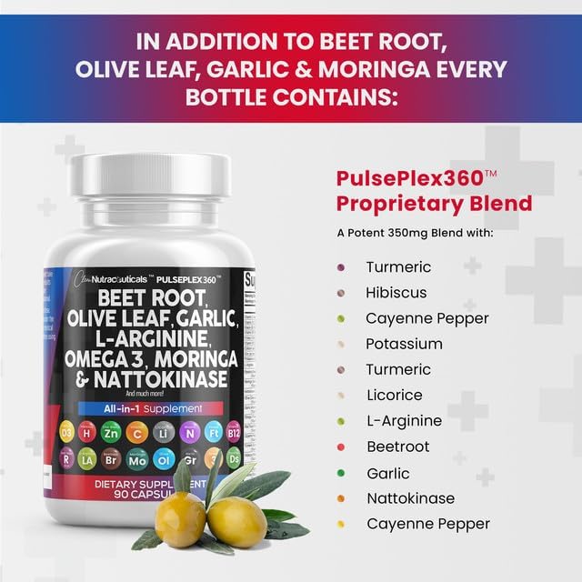 Clean Nutraceuticals Beet Root Capsules Olive Leaf Nattokinase Garlic Extract L-Arginine Omega 3 Red Yeast Rice Hibiscus Danshen - Healthy Support Supplement - 90 Ct