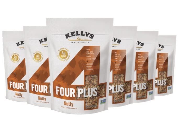 Kelly's Four Plus Granola (Nutty) Healthy Granola Cereal with Whole Grain Oats, Honey, Maple Syrup - Non-GMO, Low Sugar, Sodium Free and Gluten Free for Yogurt - 12oz - Pack of 6