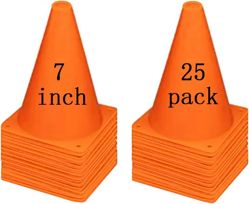 Soccer Cones (7 Inch 25 Pack), Agility Training Sports Cone Plastic with Carry Bag for Kids Football Basketball Drills Field Markers,