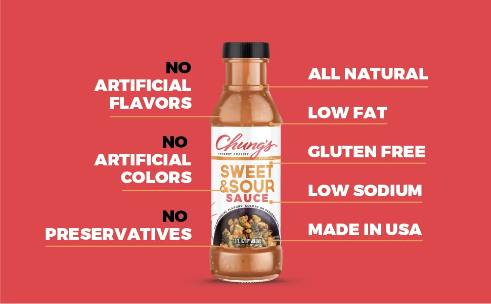 Chung's Sweet and Sour Sauce for Egg Rolls & Asian Appetizers | Low Sodium - Low Fat - Gluten-Free | Dipping & Marinade Sauce | Made in the USA, 12 FL. Oz (Pack of 2)