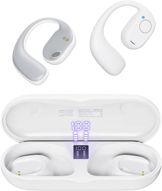 PSIER Open Ear Bluetooth Headphones, 40 Hours Playtime Bluetooth 5.3 Wireless Sports Earbuds with Digital Display Charging Case, White
