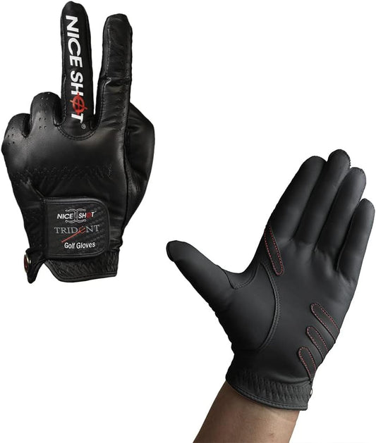 Nice Shot Trident Golf Glove with Power Grip Strips in Premium Black Cabretta Leather