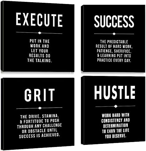 Motivational Grit Success Execute Hustle Quotes Canvas Wall Art -Inspirational Office Wall Art Poster Quotes - Canvas Artwork Picture Print Framed for Home Bedroom Office Wall Decor-12 x12 x4pcs