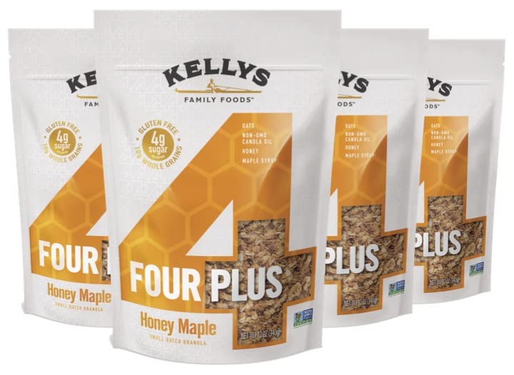Kelly's Four Plus (Honey Maple) Healthy Granola Cereal with Whole Grain Oats, Honey, Maple Syrup - Non-GMO, Low Sugar, Sodium Free and Gluten Free Granola for Yogurt - 12oz (Pack of 4)