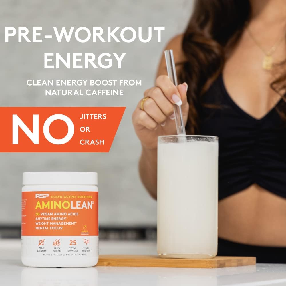 RSP NUTRITION AminoLean Natural Pre Workout Powder, Sucralose Free Amino Energy with No Artificial Dyes, Vegan BCAAs and Weight Management, Mango, 25 Serv