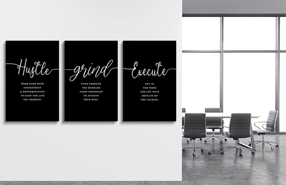 Hustle Quotes Execute Prints, Framed Canvas Wall Art Success Quote, Office Wall Art, Black Large Poster, Positive Motivational Set of 3 Prints, Boss Gift (F-3pcs,20x30inchx3pcs)