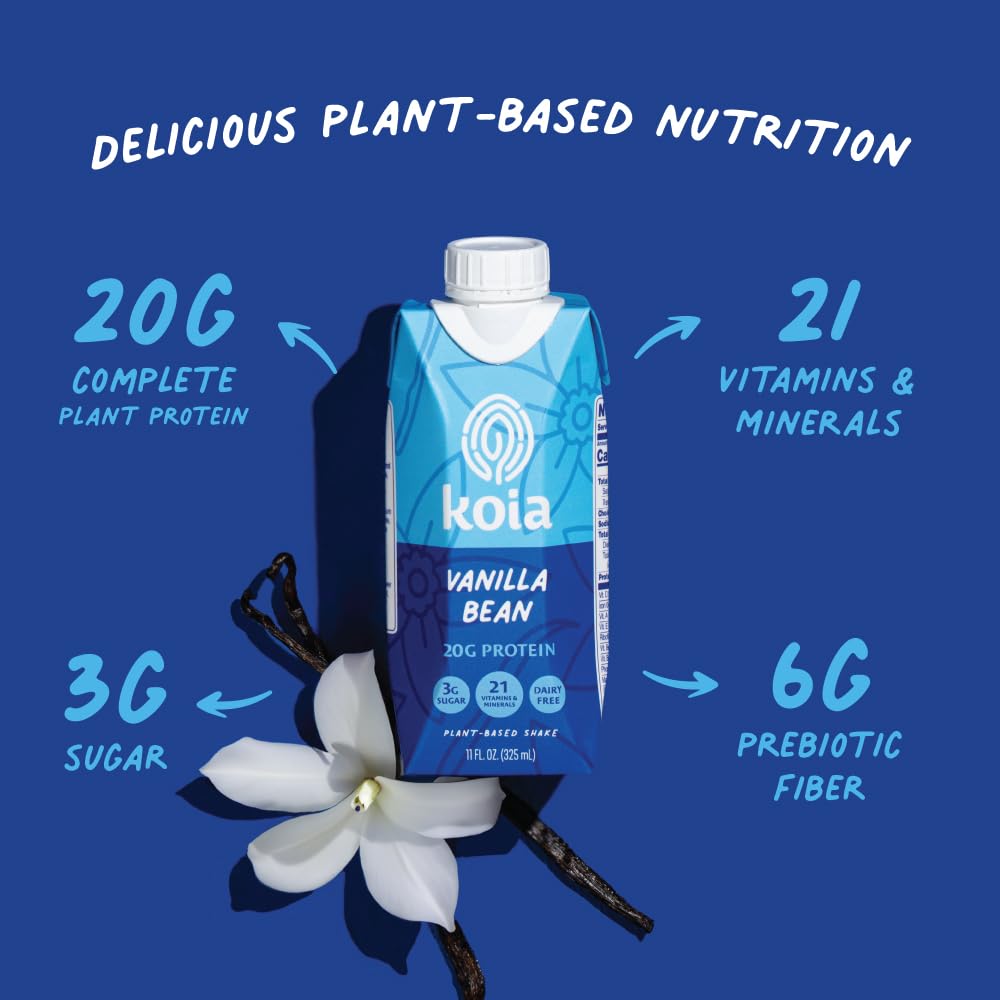 Koia Plant Based Protein Shake, Vanilla Bean, 20g Protein, 3g Sugar, 6g Prebiotic Fiber, 21 Vitamins & Minerals, Meal Replacement Drinks, Dairy-Free, Gluten-Free, Non-GMO, 11 Fl Oz (Pack of 12)