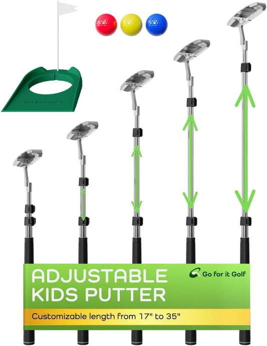 Kids Putter Set with Extendable Shaft – Adjustable Mini Golf Putter for Junior Golfers – Left & Right-Handed Training Club – Includes 3 Balls – Silver, 17"-35"