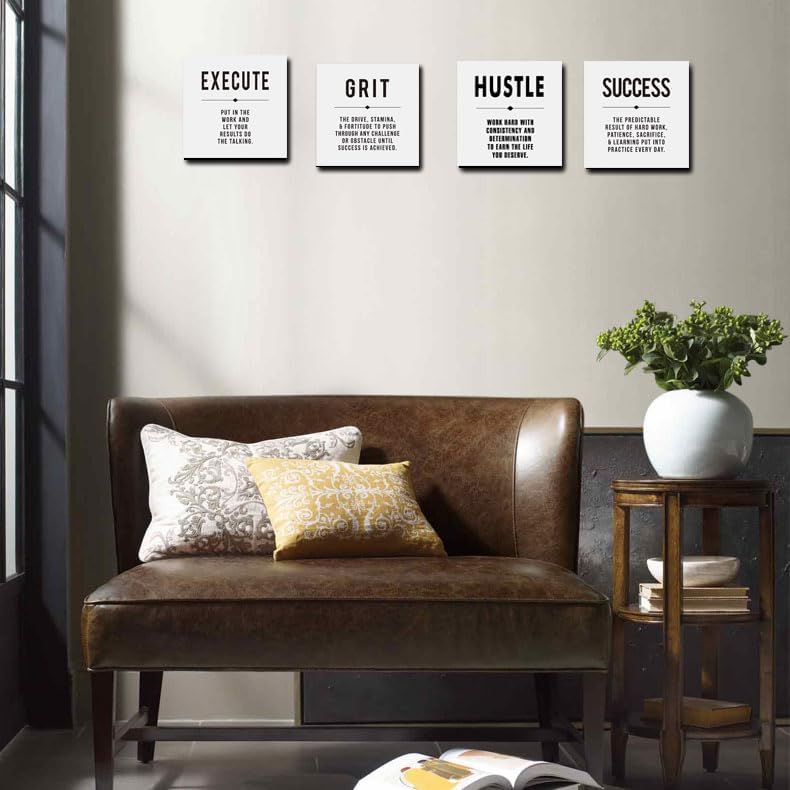 Motivational Grit Success Execute Hustle White Quotes Canvas Wall Art -Inspirational Wall Art Poster Canvas Artwork Picture Print Framed for Home Bedroom-12 x12 x4pcs