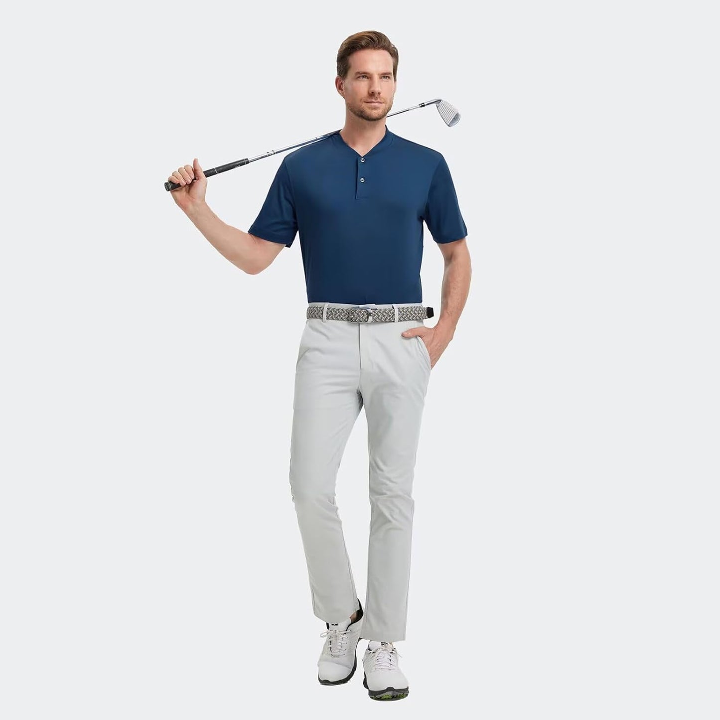 M MAELREG Collarless Golf Shirts for Men Dry Fit Moisture Wicking Performance Solid Casual Mens Henley Shirts Short Sleeve