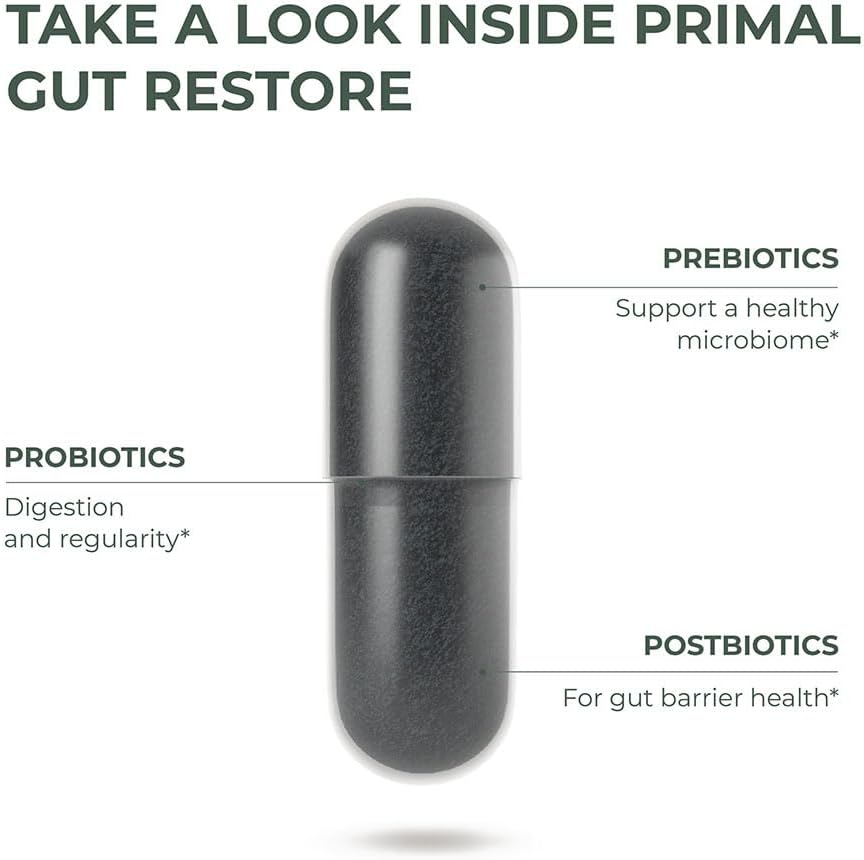 Primal Harvest Restore for Gut Health, Primal Gut Restore w/POSTbiotics, PREbiotics and PRObiotics for Women and Men, 60 CT - Digestion, Colon Cleanse, Immunity Support - Helps Leaky Gut Repair