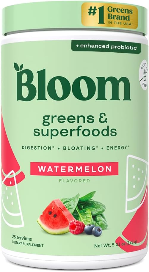 Bloom Nutrition Superfood Greens Powder, Digestive Enzymes with Probiotics and Prebiotics, Gut Health, Bloating Relief for Women, Chlorella, Green Juice Mix with Beet Root Powder, 25 SVG, Watermelon