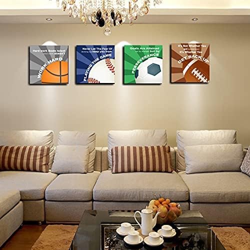 KaiLeFu-Colorful Sports Inspirational Quotes Framed Canvas Wall Art -Motivational Basketball Baseball Soccer Football Quotes Sport Art Wall Decor for Kids Boys Room Classroom -12"x12"x4pcs