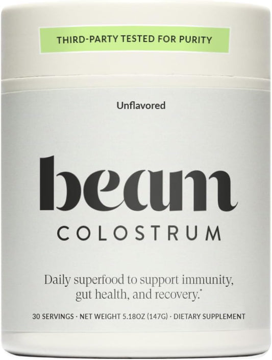 Beam Colostrum Powder – Gut Health, Immune Support & Recovery Supplement – 3g per Serving – Grass-Fed, Third-Party Tested, Pure Whole Bovine Colostrum – No Fillers, Non-GMO, 30 Servings