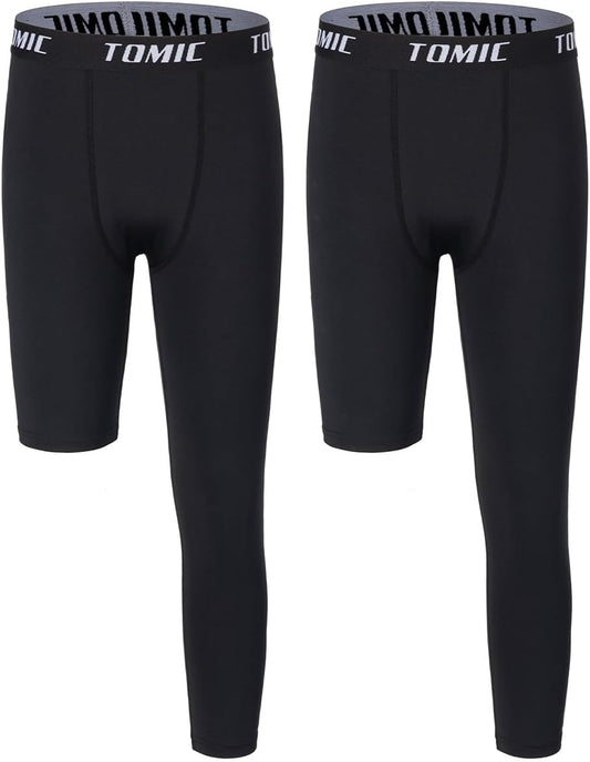 Tomic Youth Boys Kids One Leg 3/4 Leggings Compression Pants for Basketball Soccer Sports Athletic Training Tights Base Layer