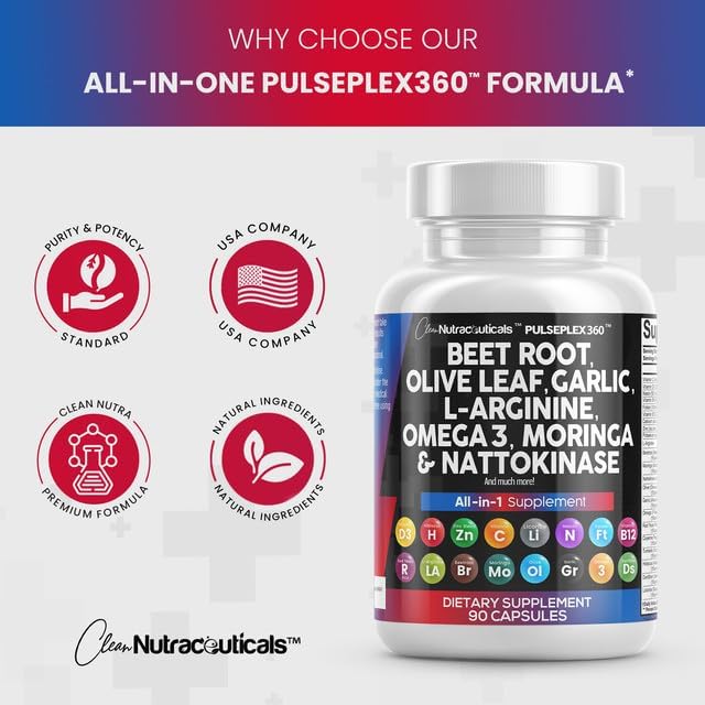 Clean Nutraceuticals Beet Root Capsules Olive Leaf Nattokinase Garlic Extract L-Arginine Omega 3 Red Yeast Rice Hibiscus Danshen - Healthy Support Supplement - 90 Ct