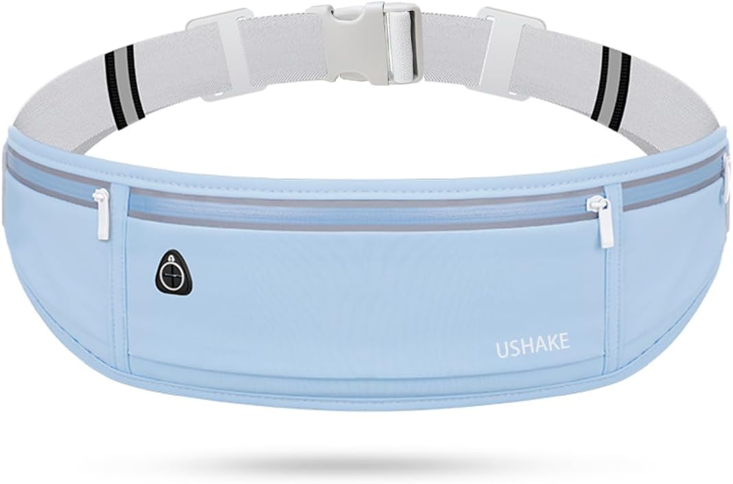 USHAKE Slim Running Belt, Workout Fanny Pack for Men Women,Exercise Waist Pack for Apple iPhone Holder, Runner Belt for Running Walking Cycling Camping Gym Light Blue