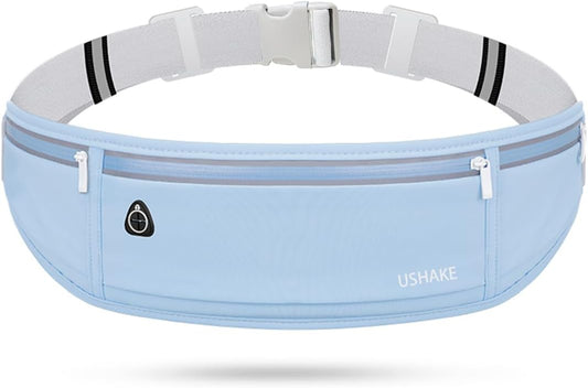 USHAKE Slim Running Belt, Workout Fanny Pack for Men Women,Exercise Waist Pack for Apple iPhone Holder, Runner Belt for Running Walking Cycling Camping Gym Light Blue